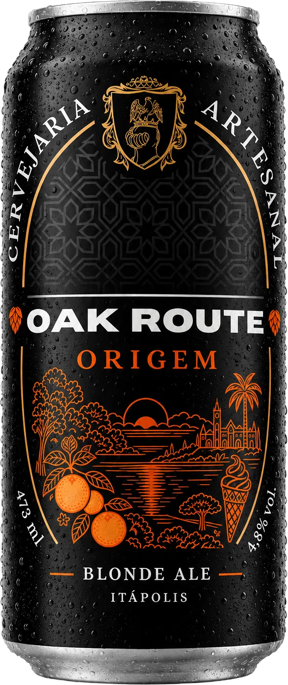 Lata oficial da Oak Route ORIGEM, Blonde Ale com tangerina, rótulo preto com brasão dourado e ilustração laranja de Itápolis